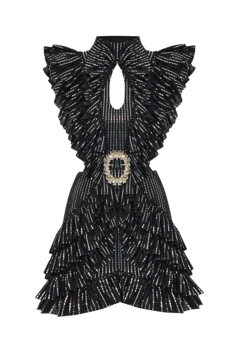 Dresses | Mini Dresses<CULT MIA BUST DETAILED RUFFLED HOLOGRAM PRINTED MINI DRESS IN Black