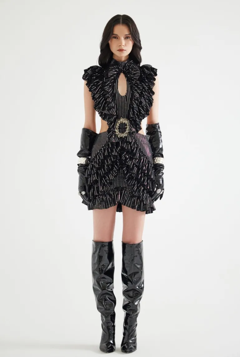 Dresses | Mini Dresses<CULT MIA BUST DETAILED RUFFLED HOLOGRAM PRINTED MINI DRESS IN Black