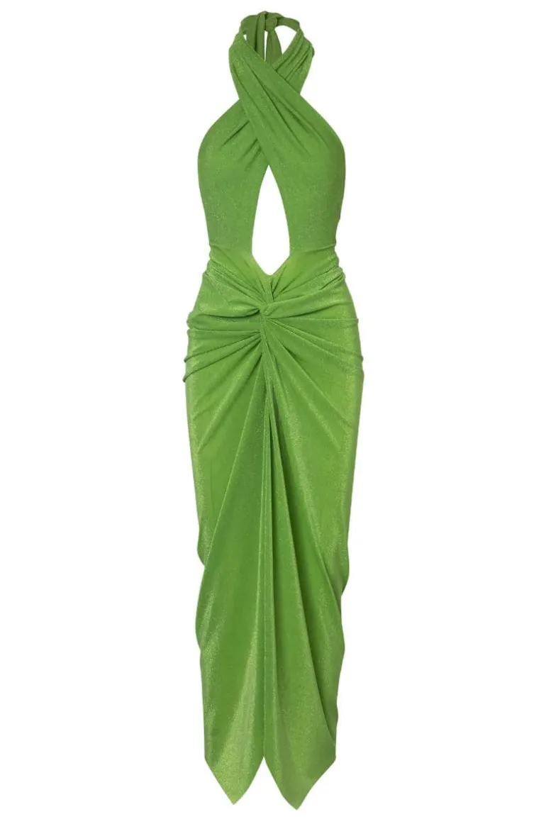 Dresses<CULT MIA CANDI KENA HIGH-NECK TWIST MAXI DRESS Green