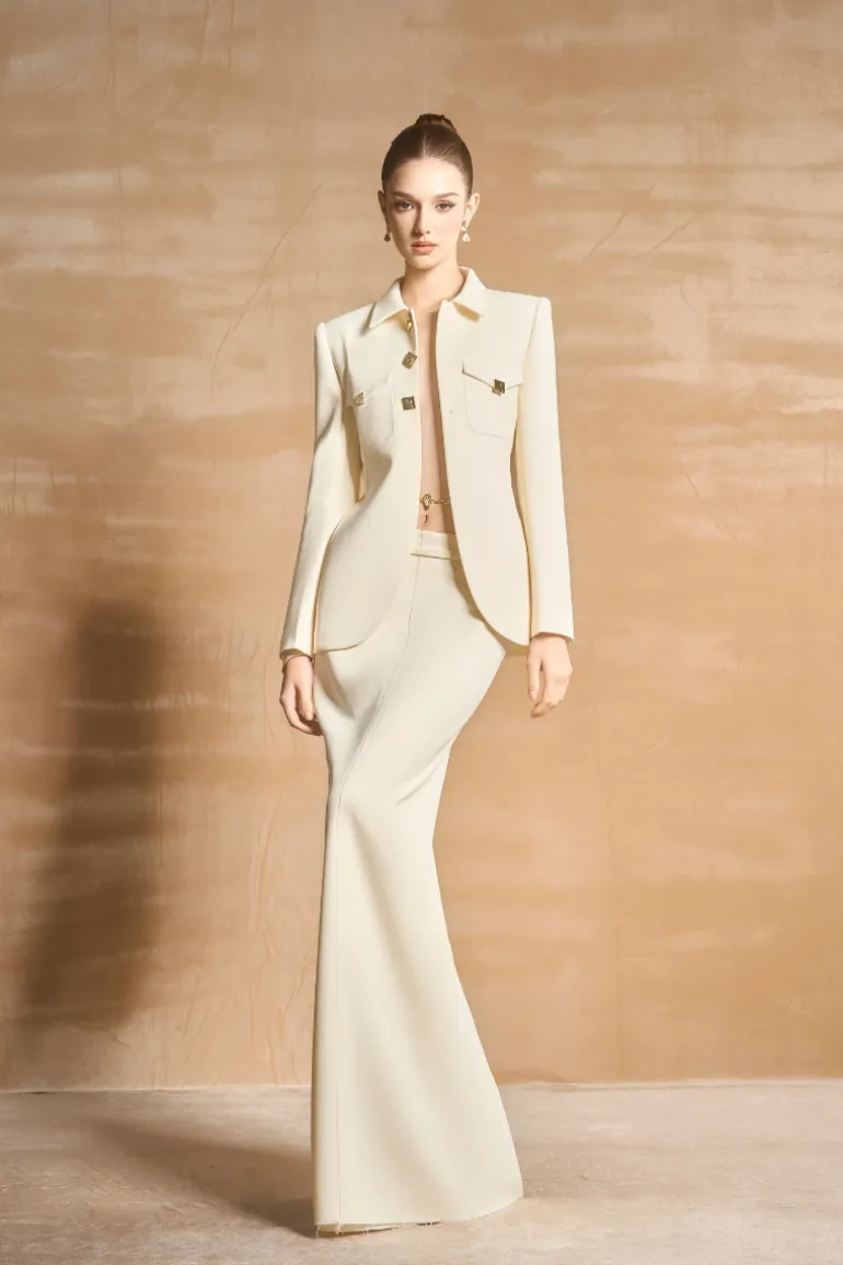 Jackets<CULT MIA CAPRICA SHEATH COLLARED NECK COTTON JACKET Vanilla