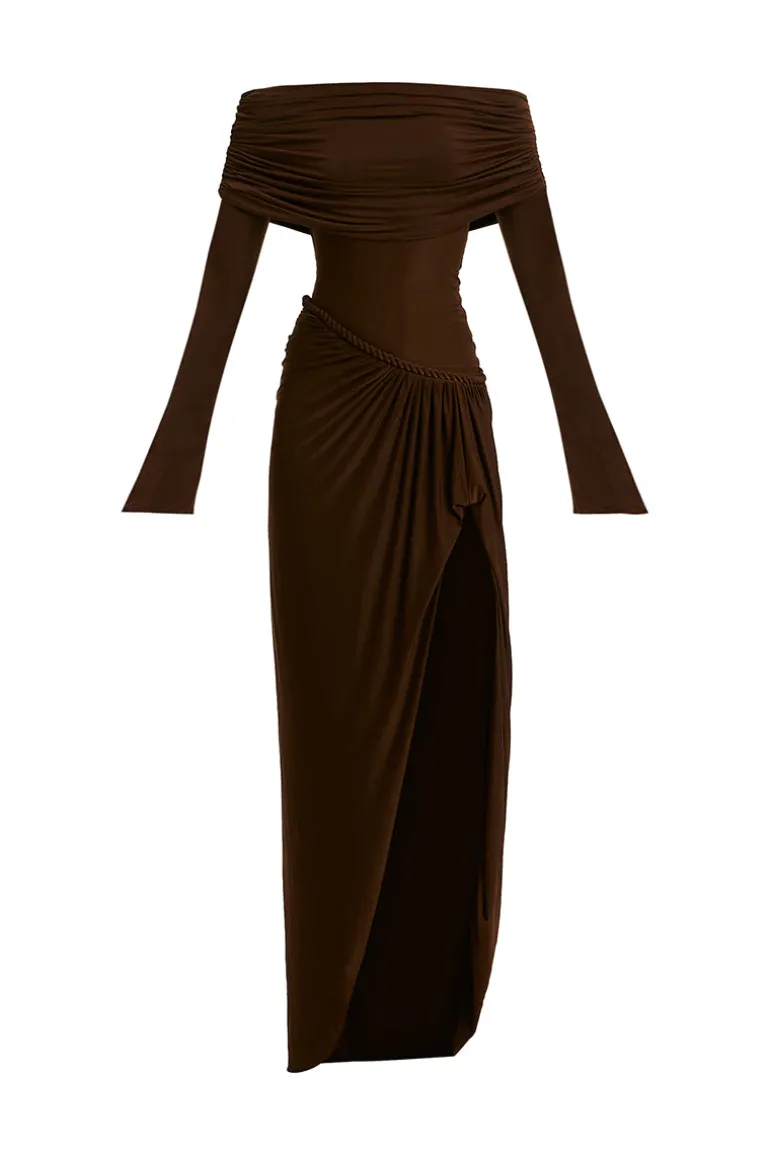 Dresses<CULT MIA CARMEN OFF-SHOULDER MAXI DRESS Espresso Brown