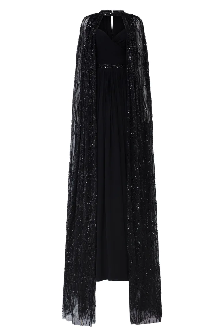 Dresses<CULT MIA CELINA CRYSTAL LACE SEQUINS CAPE Black