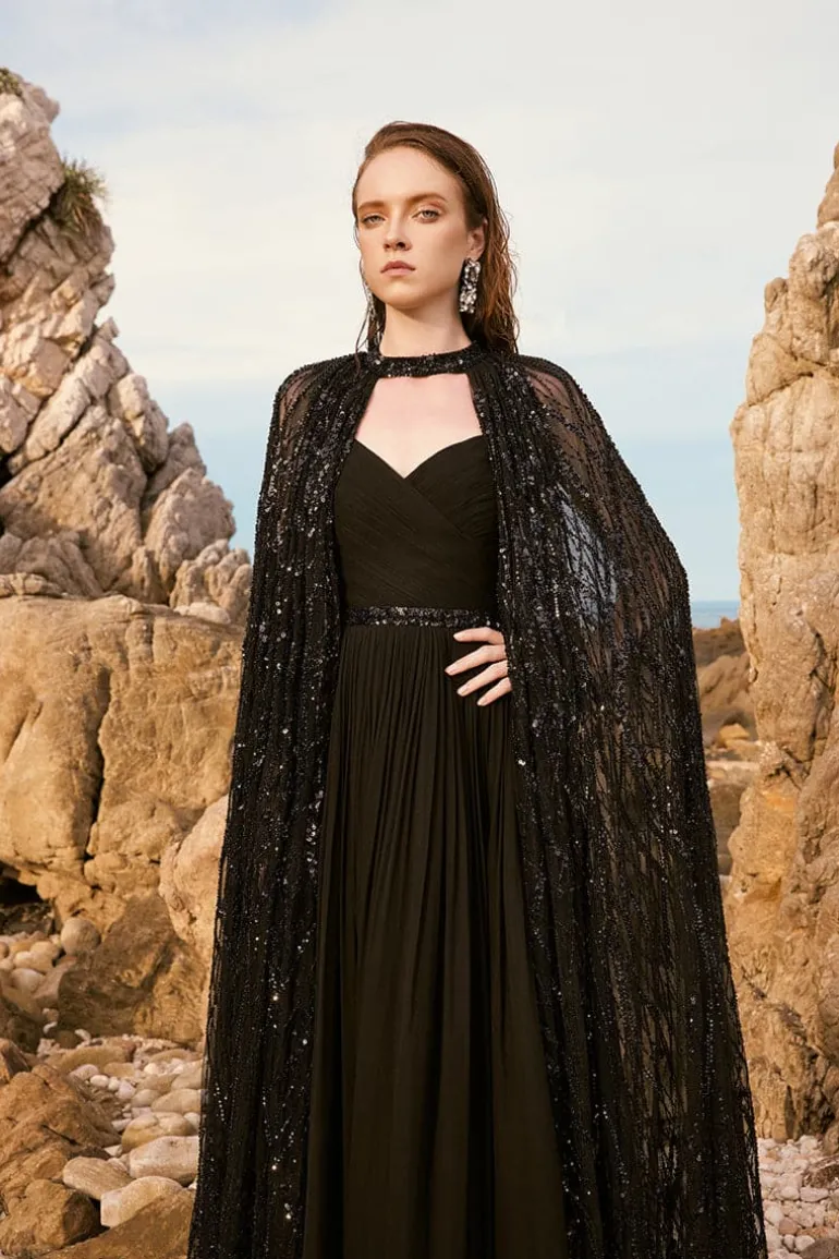 Dresses<CULT MIA CELINA CRYSTAL LACE SEQUINS CAPE Black