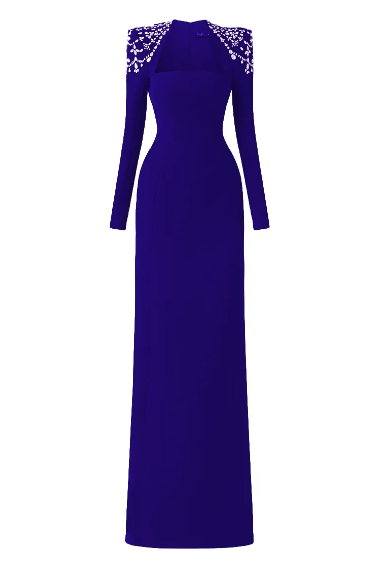 Dresses<CULT MIA LONG SLEEVE TRAPEZOID NECKLINE BODYCON FULL DRESS Cobalt Blue