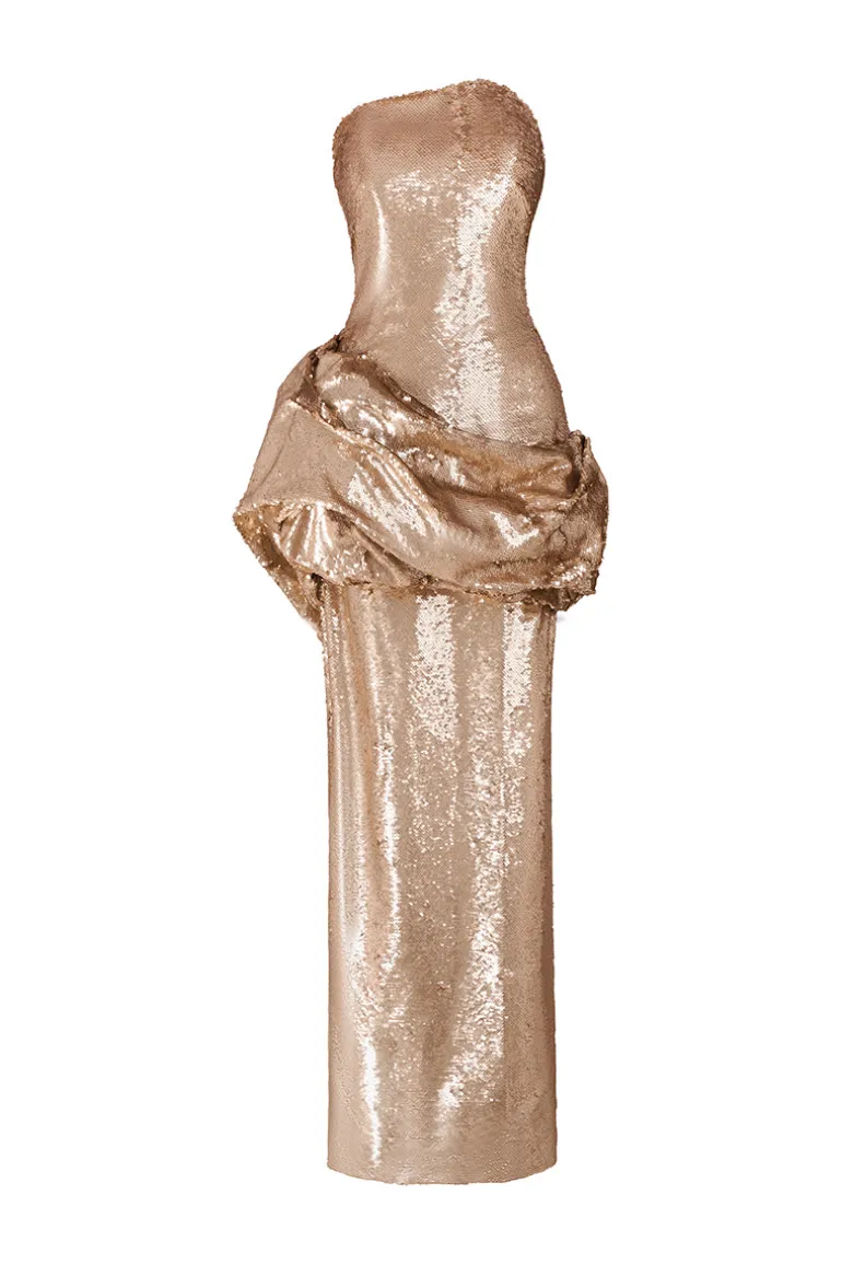 Dresses<CULT MIA COOPER SEQUIN LONG DRESS WITH DRAPING WAIST BUMP Brown