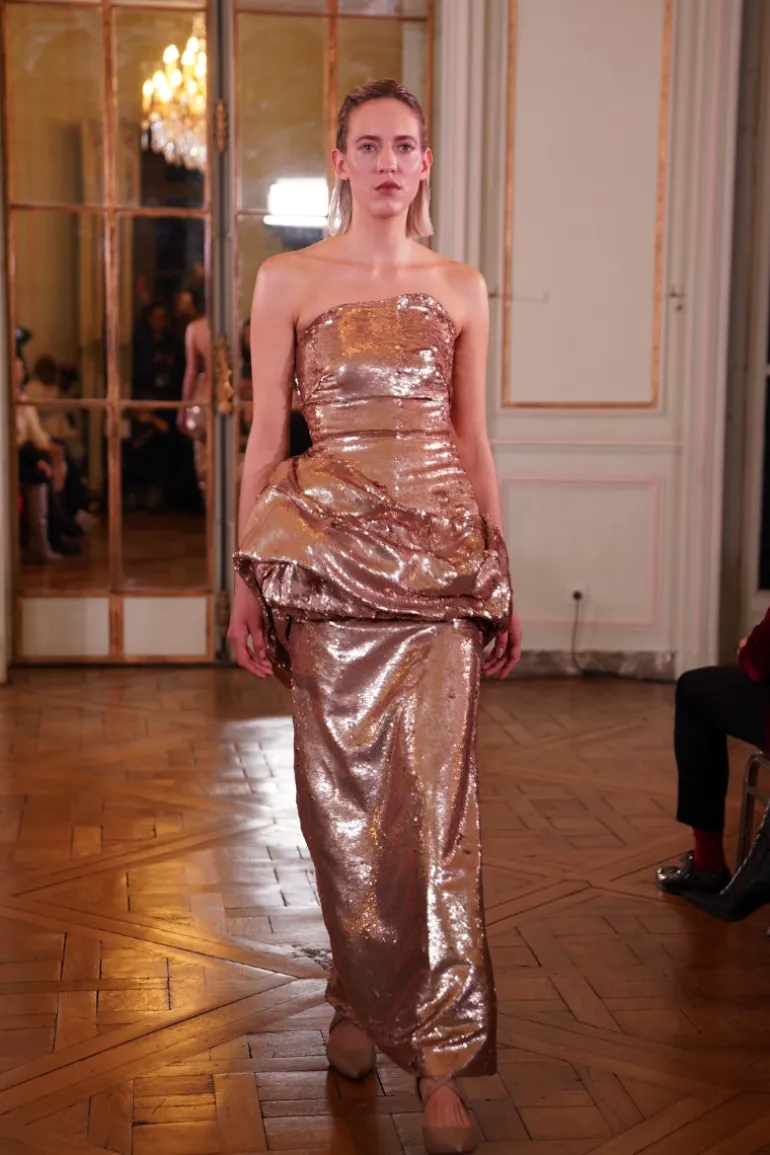 Dresses<CULT MIA COOPER SEQUIN LONG DRESS WITH DRAPING WAIST BUMP Brown