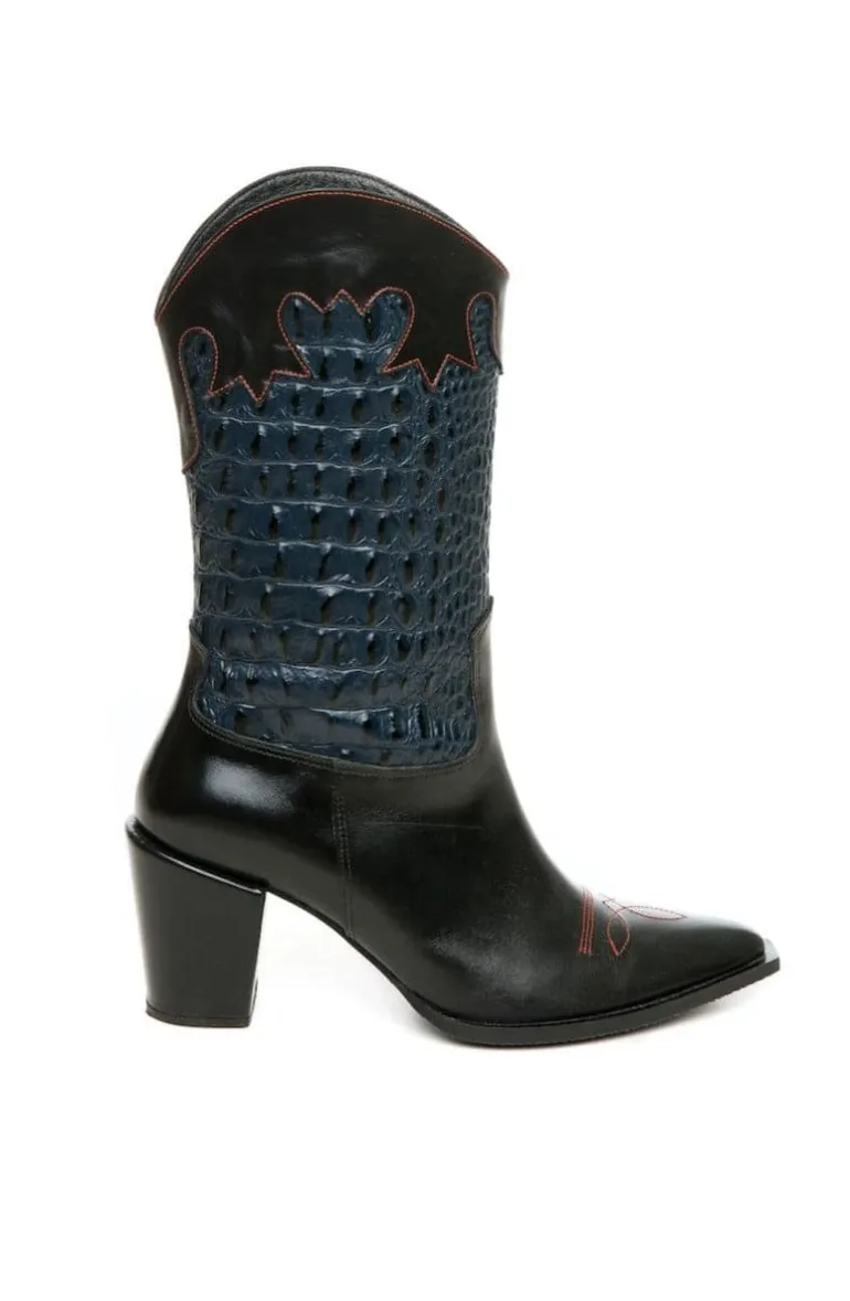 Boots<CULT MIA CROC-EMBOSSED MID-CALF COWBOY LEATHER BOOTS