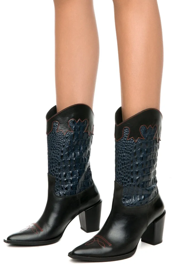 Boots<CULT MIA CROC-EMBOSSED MID-CALF COWBOY LEATHER BOOTS