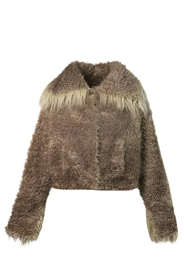 Jackets<CULT MIA CROPPED FAUX FUR JACKET WITH TURN-UP CUFFS IN Beige