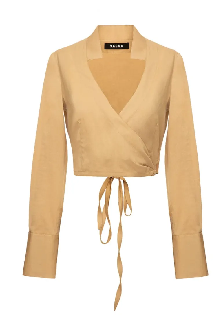 Tops<CULT MIA CROPPED TAN WRAP SHIRT Neutral