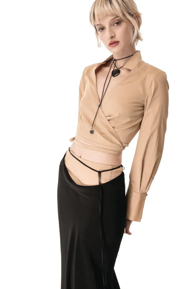 Tops<CULT MIA CROPPED TAN WRAP SHIRT Neutral