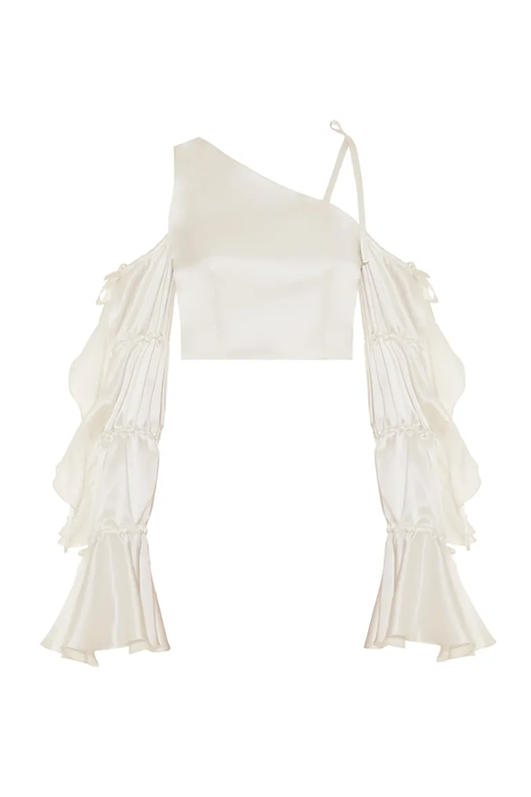 Tops<CULT MIA CROPPED TOP WITH FLOUNCE SLEEVES White