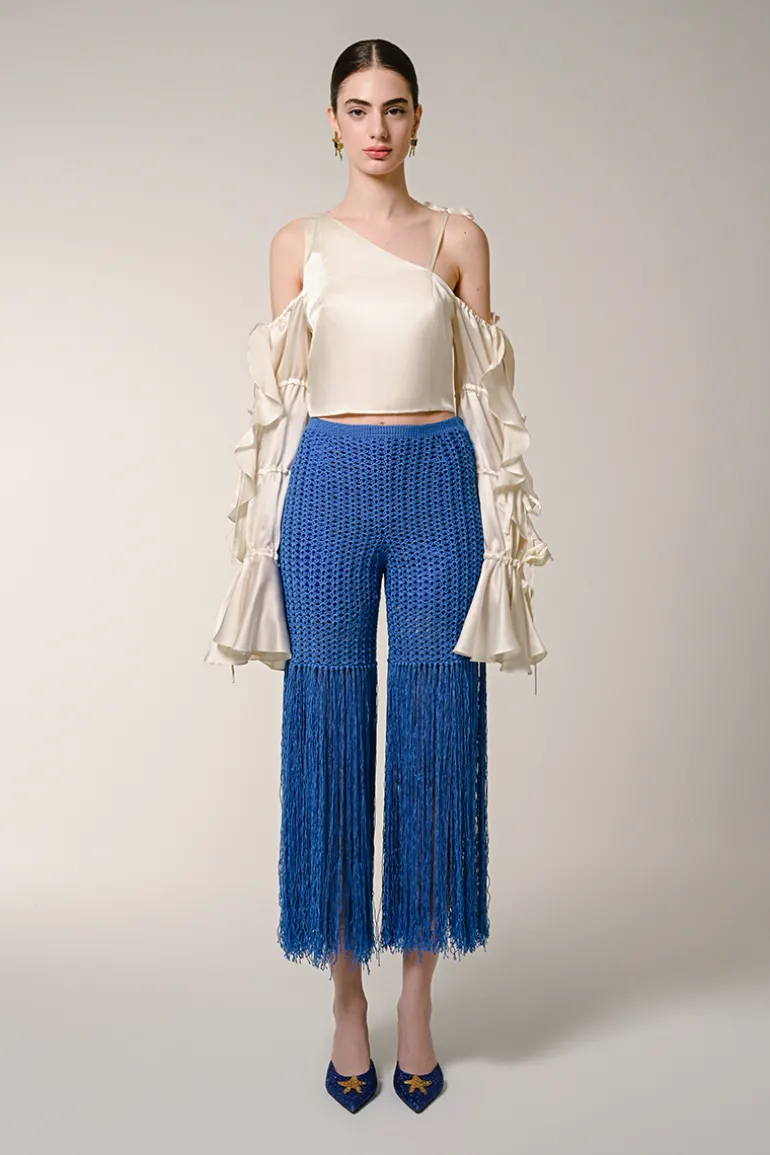 Tops<CULT MIA CROPPED TOP WITH FLOUNCE SLEEVES White