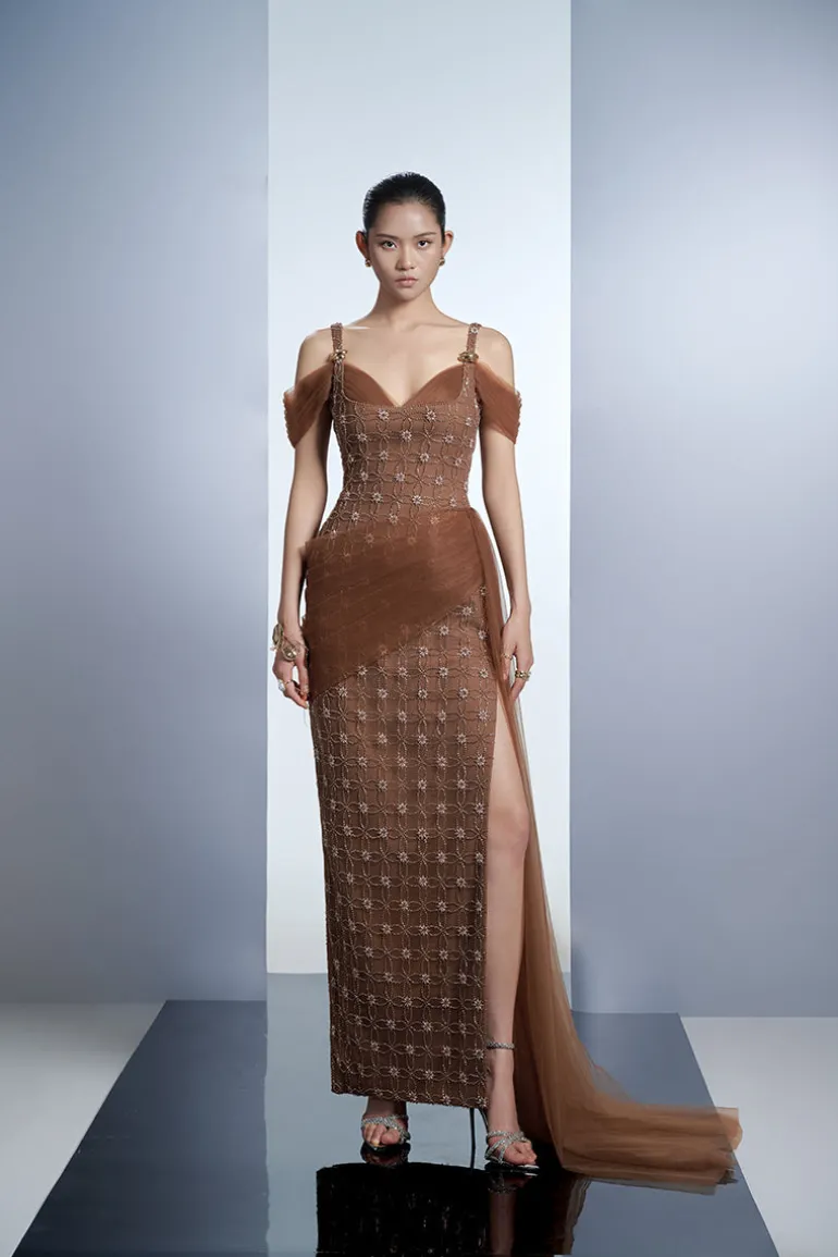 Dresses<CULT MIA CRYSTAL MAXI DRESS IN Brown