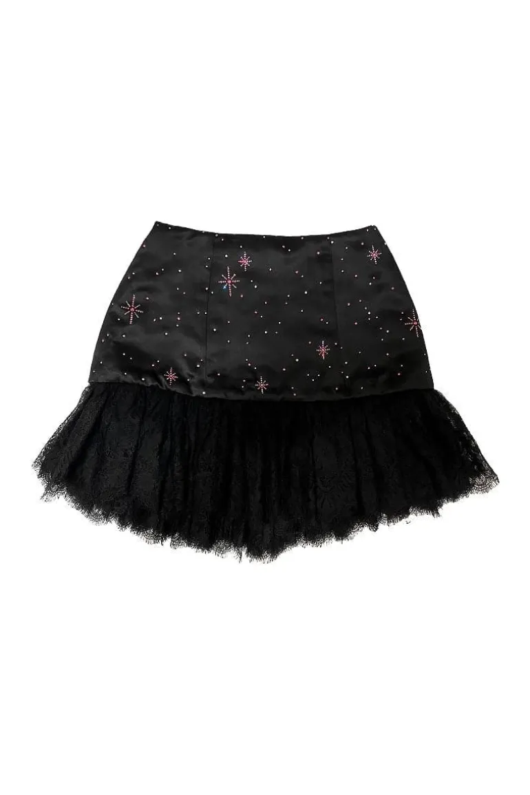 Skirts<CULT MIA CRYSTAL STARRY NIGHT MINI SKIRT Black/Pink Crystals/Rose pearls