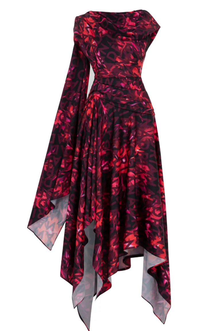Dresses | Midi Dresses<CULT MIA DAHLIA A-LINE RUFFLED LATIN SILK MIDI DRESS Black with Red Pattern