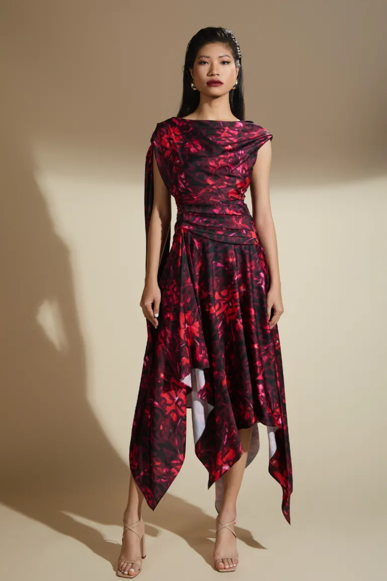 Dresses | Midi Dresses<CULT MIA DAHLIA A-LINE RUFFLED LATIN SILK MIDI DRESS Black with Red Pattern