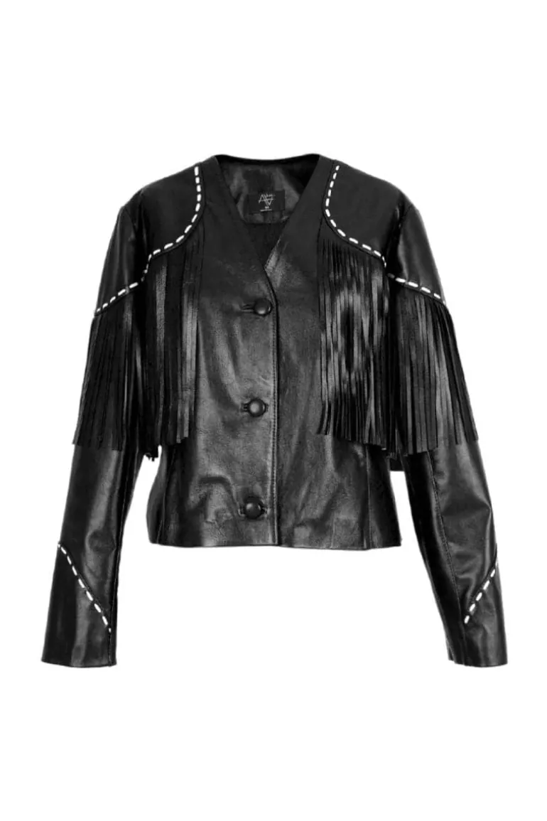 Jackets<CULT MIA DALIDA FRINGED LEATHER JACKET Black