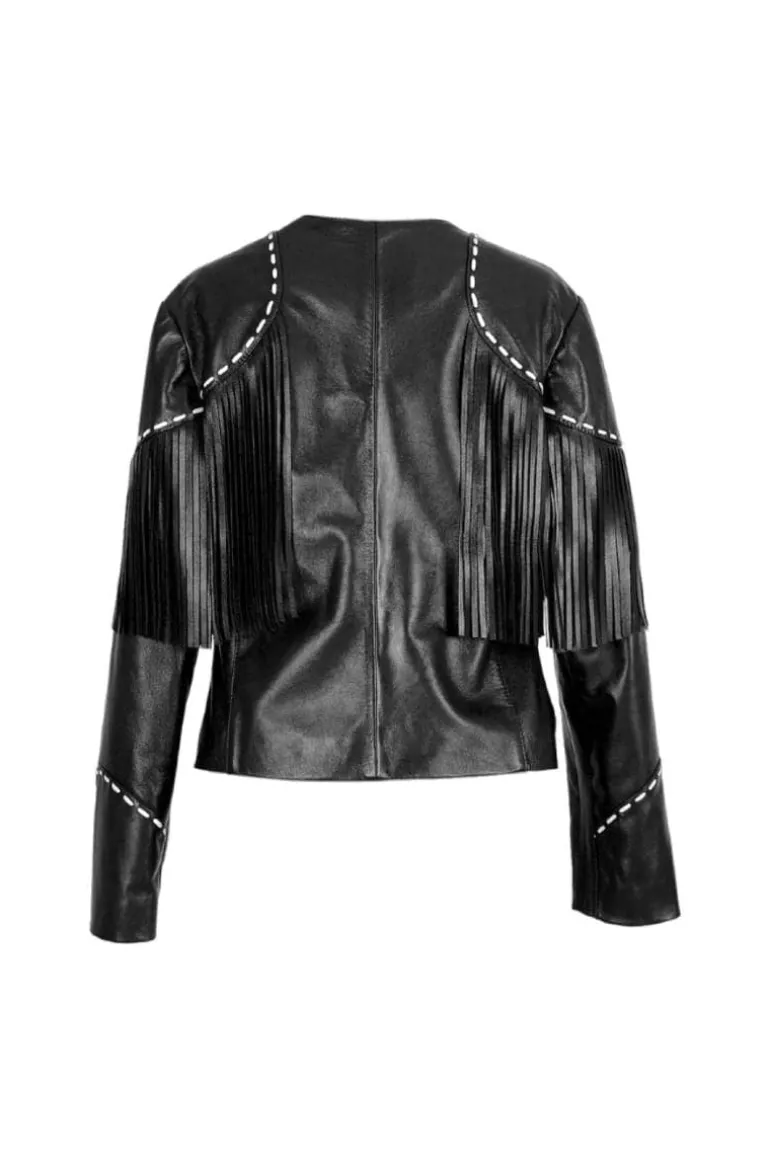 Jackets<CULT MIA DALIDA FRINGED LEATHER JACKET Black
