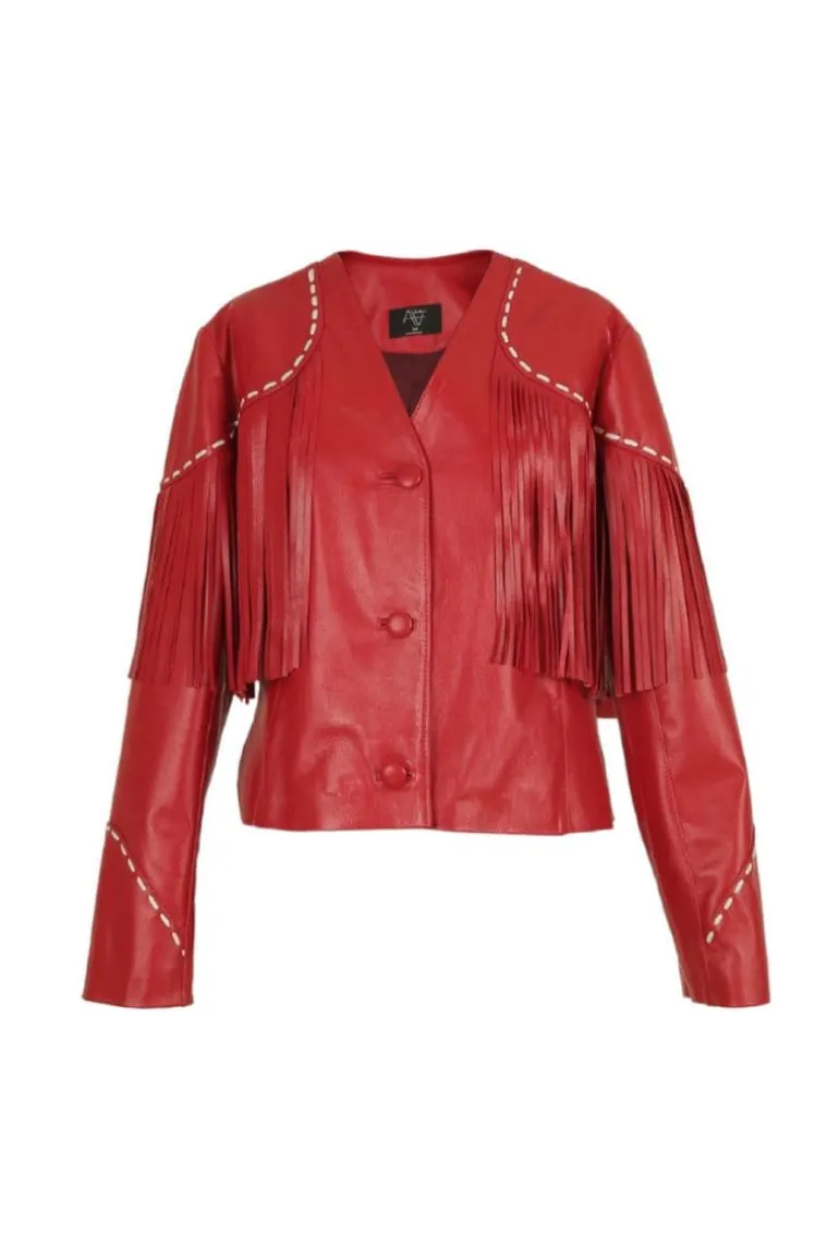 Jackets<CULT MIA DALIDA FRINGED LEATHER JACKET Red
