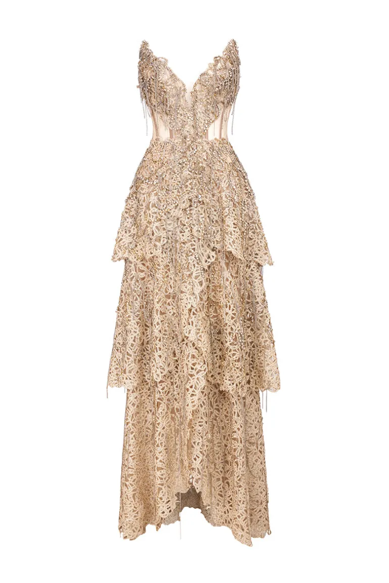 Dresses | Gowns<CULT MIA DEEP GOLD VNECK CORSET DRESS WITH METALLIC BEAD EMBROIDERY AND PLAYFUL FRINGES Brown
