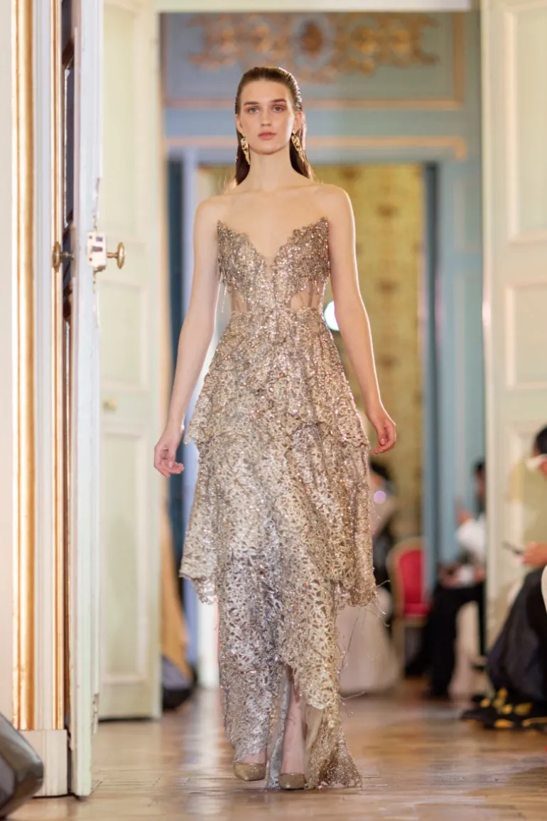 Dresses | Gowns<CULT MIA DEEP GOLD VNECK CORSET DRESS WITH METALLIC BEAD EMBROIDERY AND PLAYFUL FRINGES Brown