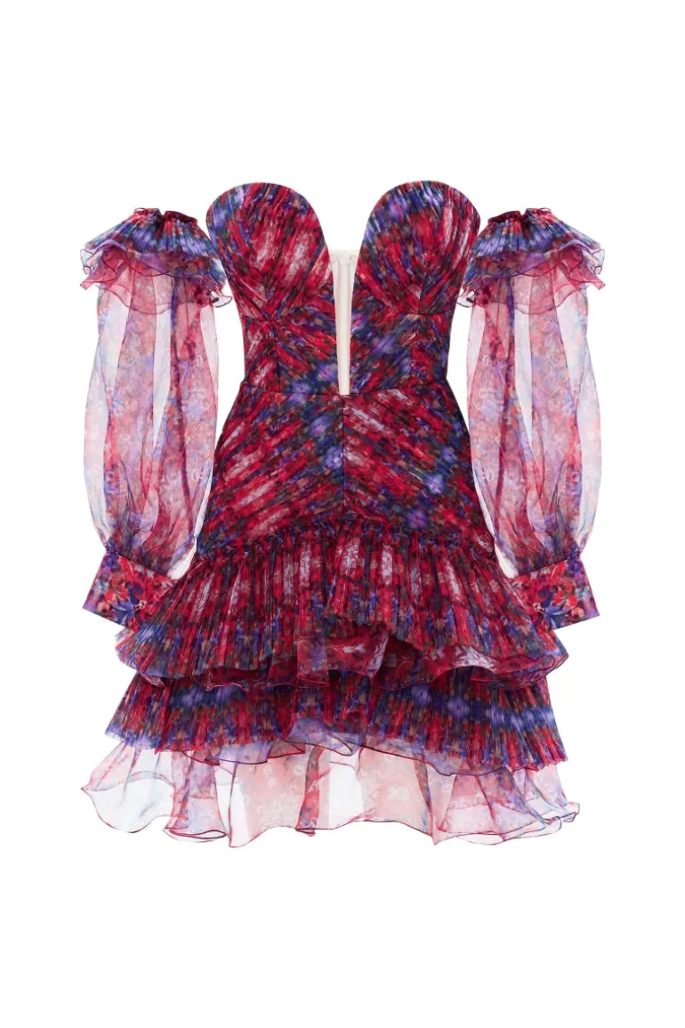 Dresses | Mini Dresses<CULT MIA DRAPED PUFFED SLEEVES PATTERNED MINI DRESS IN BURGUNDY Multicolor