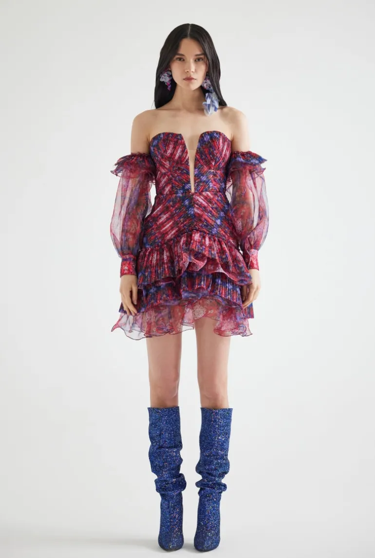 Dresses | Mini Dresses<CULT MIA DRAPED PUFFED SLEEVES PATTERNED MINI DRESS IN BURGUNDY Multicolor