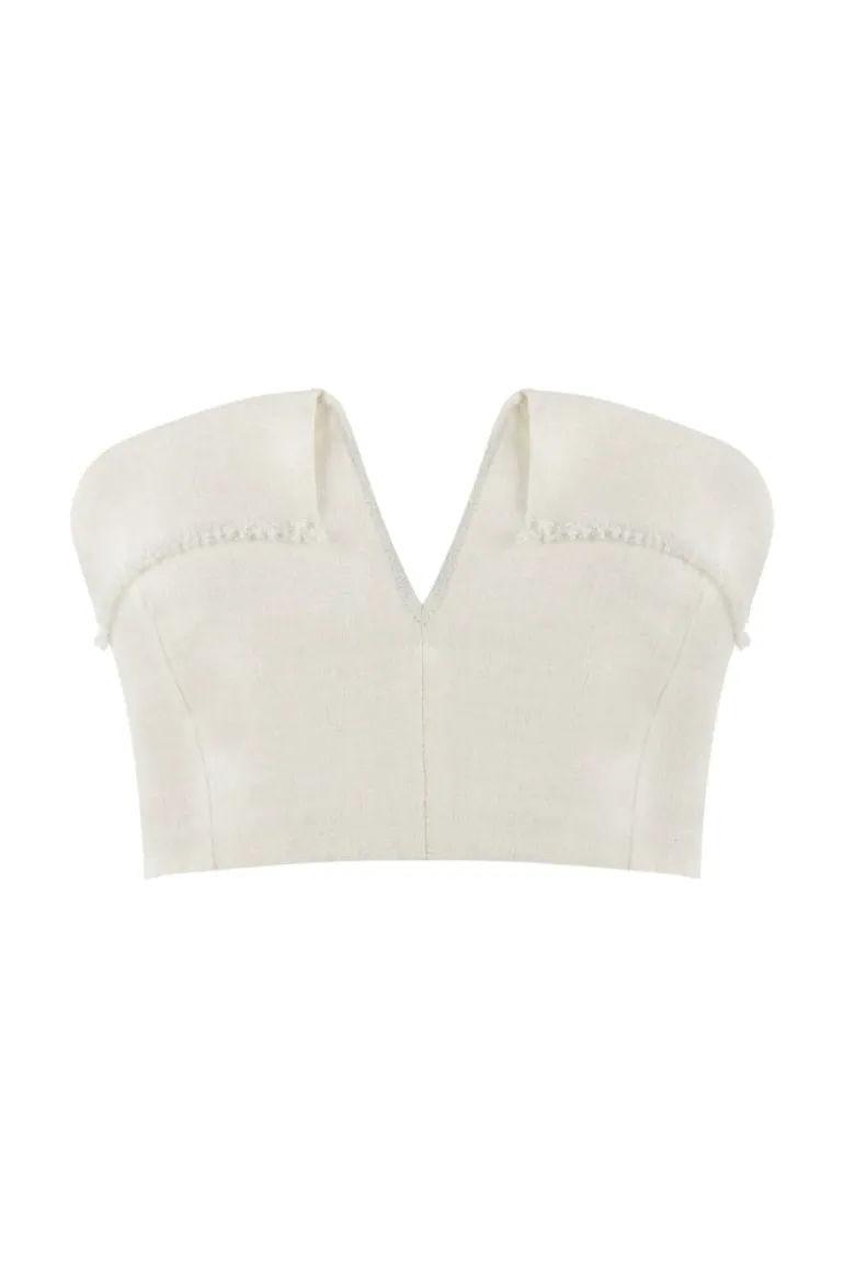 Tops<CULT MIA DUNE WHITE LINEN FRINGE V NECK CROP TOP Off-White