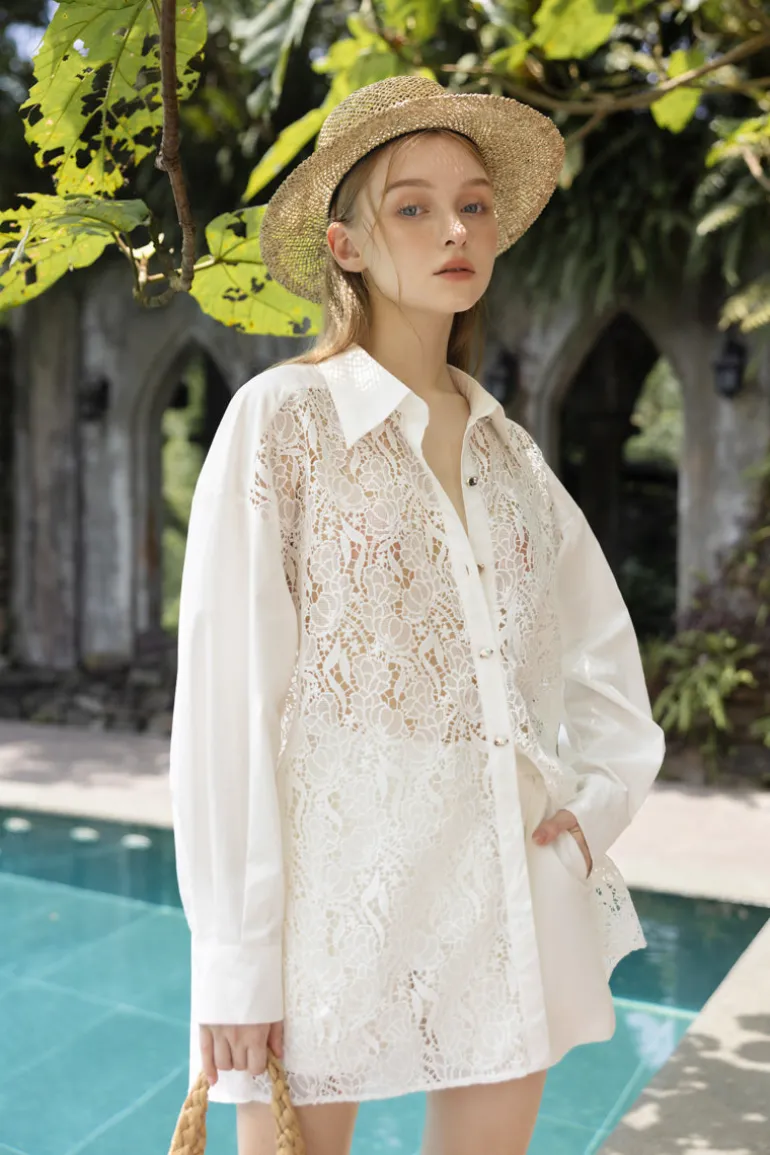 Outfit Sets<CULT MIA ELOISE LACE MIXED RAW SHIRT SET White