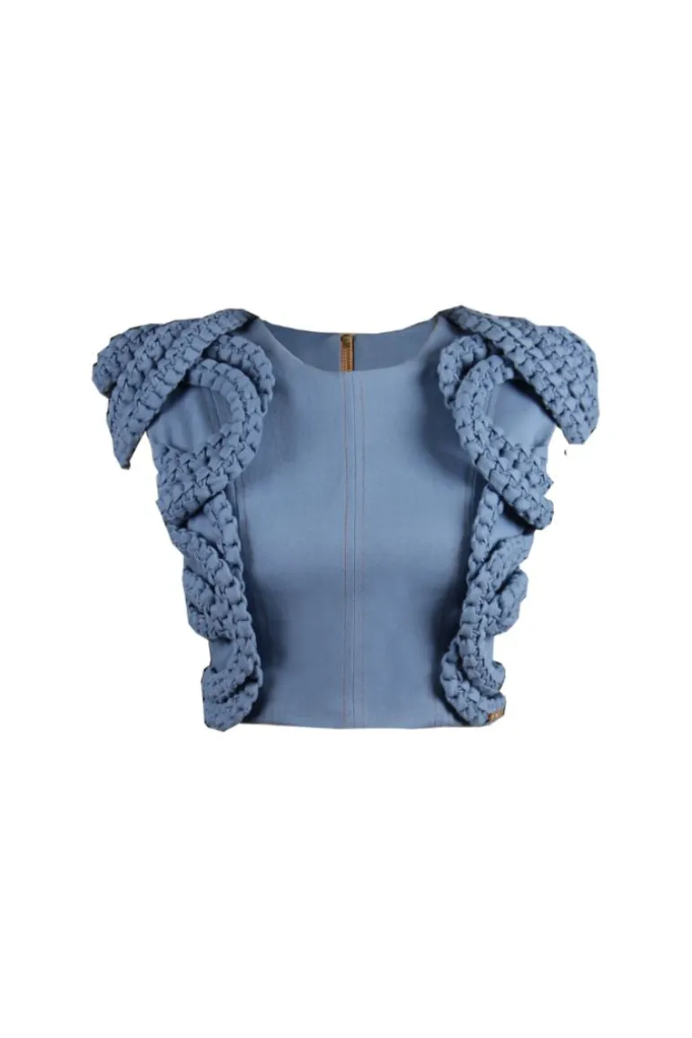 Tops<CULT MIA ELSA DENIM CROPPED TOP Blue Sky Caracas