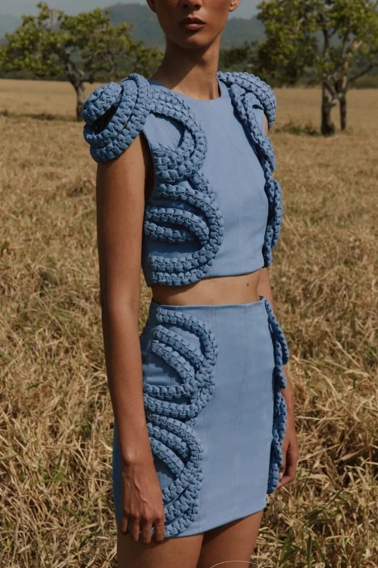 Tops<CULT MIA ELSA DENIM CROPPED TOP Blue Sky Caracas