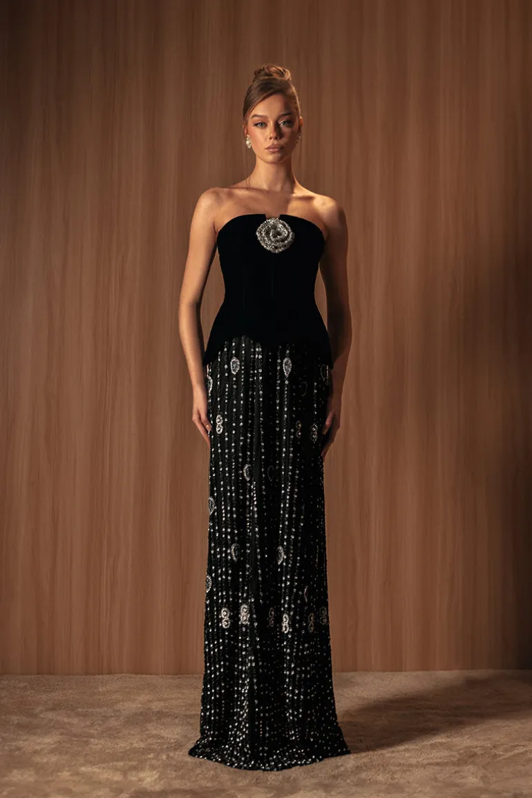 Dresses | Gowns<CULT MIA EMBROIDERED NOIR VELVET GOWN Black