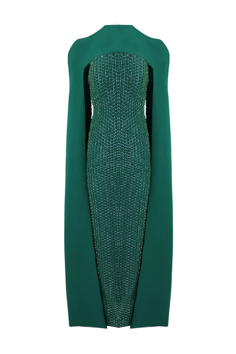 Dresses<CULT MIA EMBROIDERED STRAPLESS GOWN WITH REMOVABLE CAPE IN Emerald Green