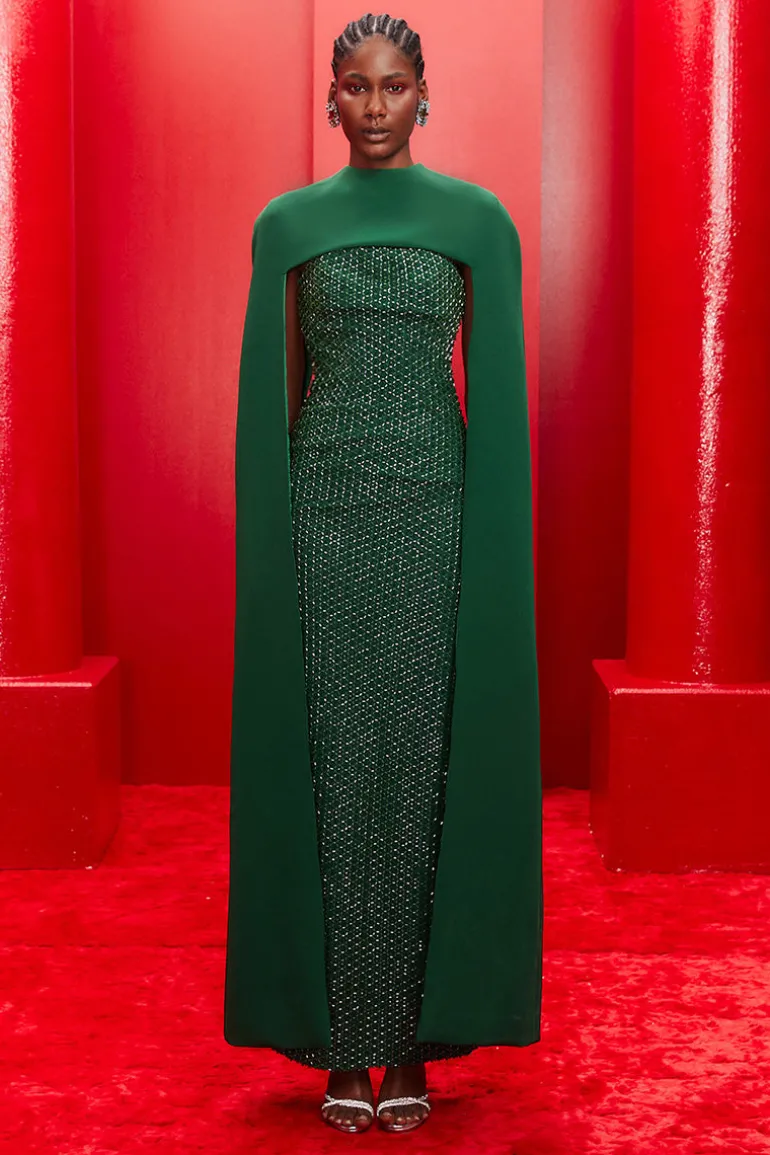Dresses<CULT MIA EMBROIDERED STRAPLESS GOWN WITH REMOVABLE CAPE IN Emerald Green