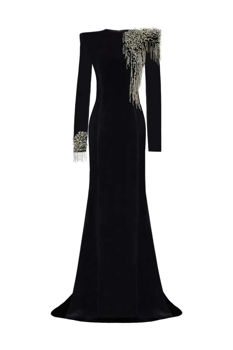Dresses<CULT MIA EMBROIDERED VELVET MAXI DRESS IN Black