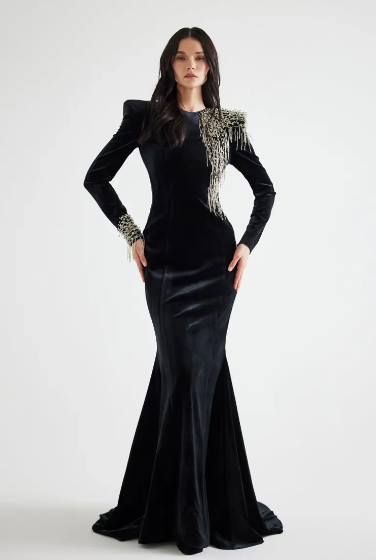 Dresses<CULT MIA EMBROIDERED VELVET MAXI DRESS IN Black