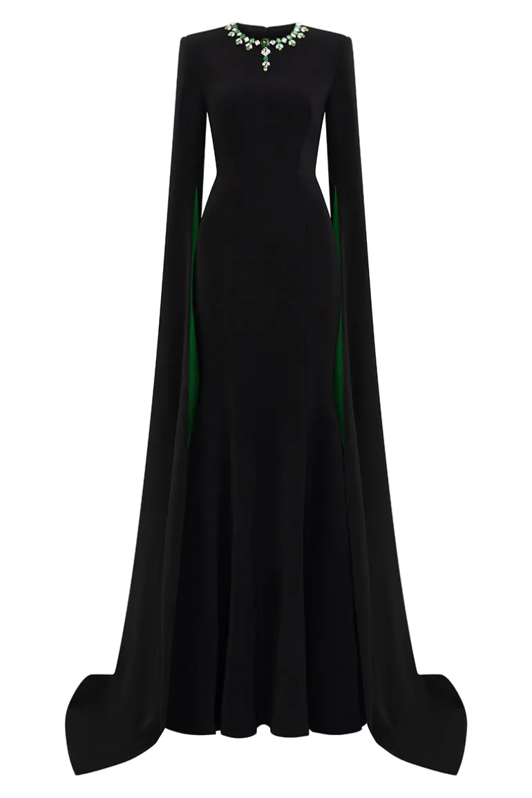 Dresses | Gowns<CULT MIA EMERALD CAPE SLEEVE MERMAID EVENING GOWN Black & Green