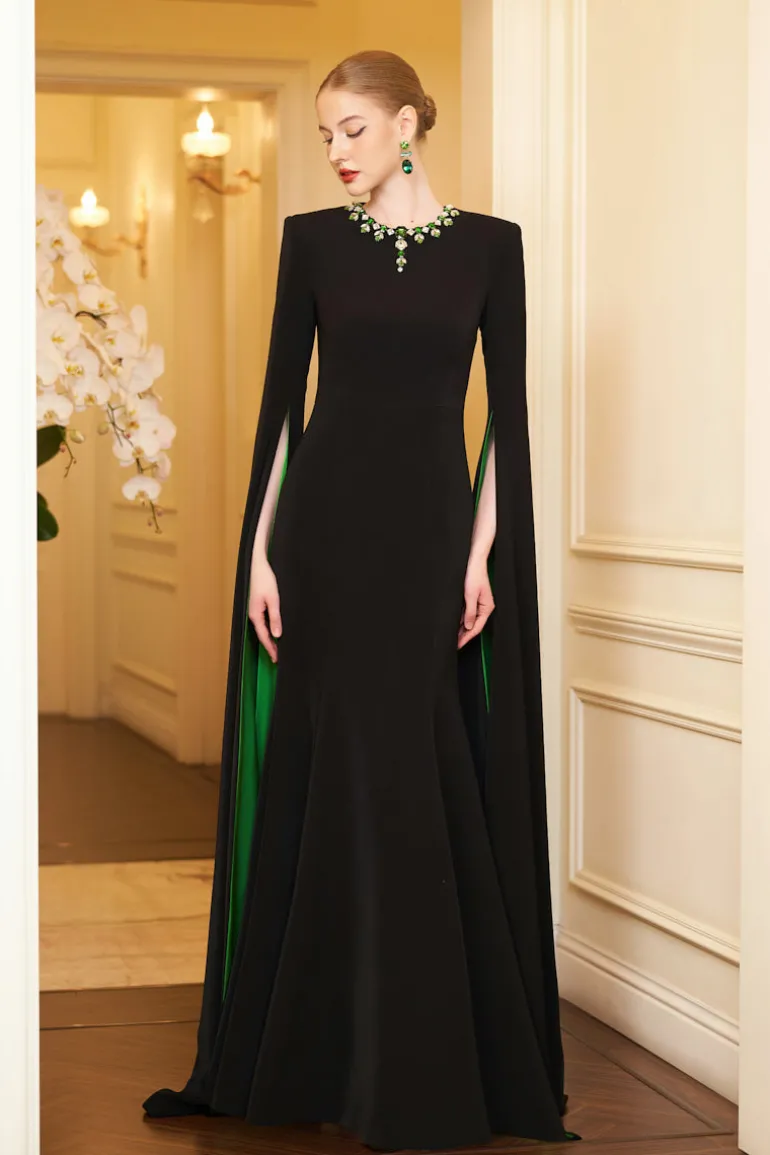 Dresses | Gowns<CULT MIA EMERALD CAPE SLEEVE MERMAID EVENING GOWN Black & Green