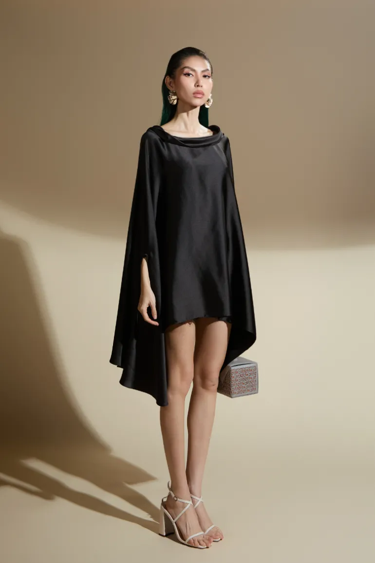 Dresses | Mini Dresses<CULT MIA EMMALYN FLARED BATWING SLEEVED SILK SATIN MINI DRESS Black