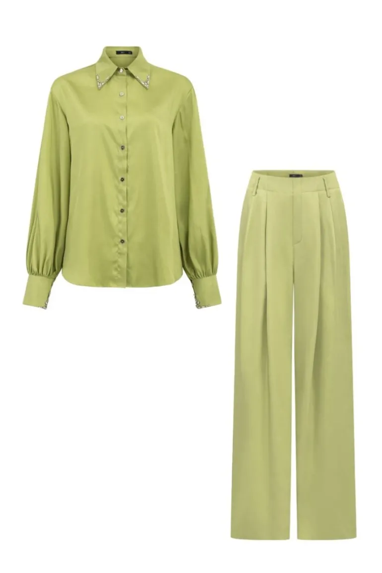 Outfit Sets<CULT MIA FARAH SILK SATIN CRYSTAL SHIRT AND PANTS SET Lime Green