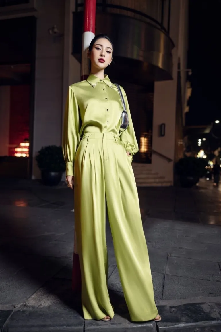 Outfit Sets<CULT MIA FARAH SILK SATIN CRYSTAL SHIRT AND PANTS SET Lime Green