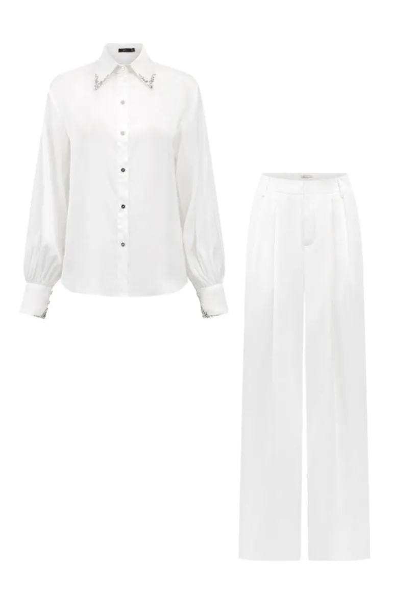 Outfit Sets<CULT MIA FARAH SILK SATIN CRYSTAL SHIRT AND PANTS SET White