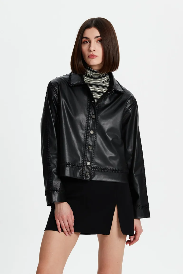 Jackets<CULT MIA FAUX LEATHER JACKET WITH CROCHET DETAILING Black
