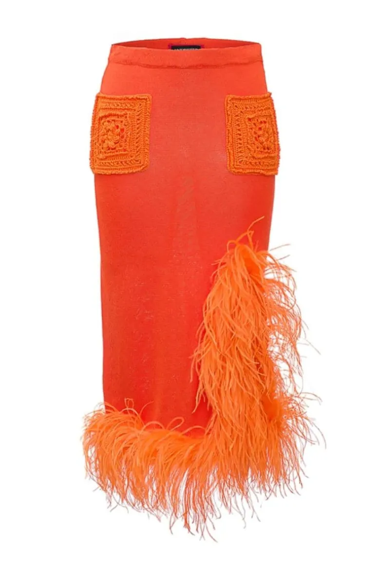 Skirts<CULT MIA FEATHER-DETAILED KNIT MIDI SKIRT Orange