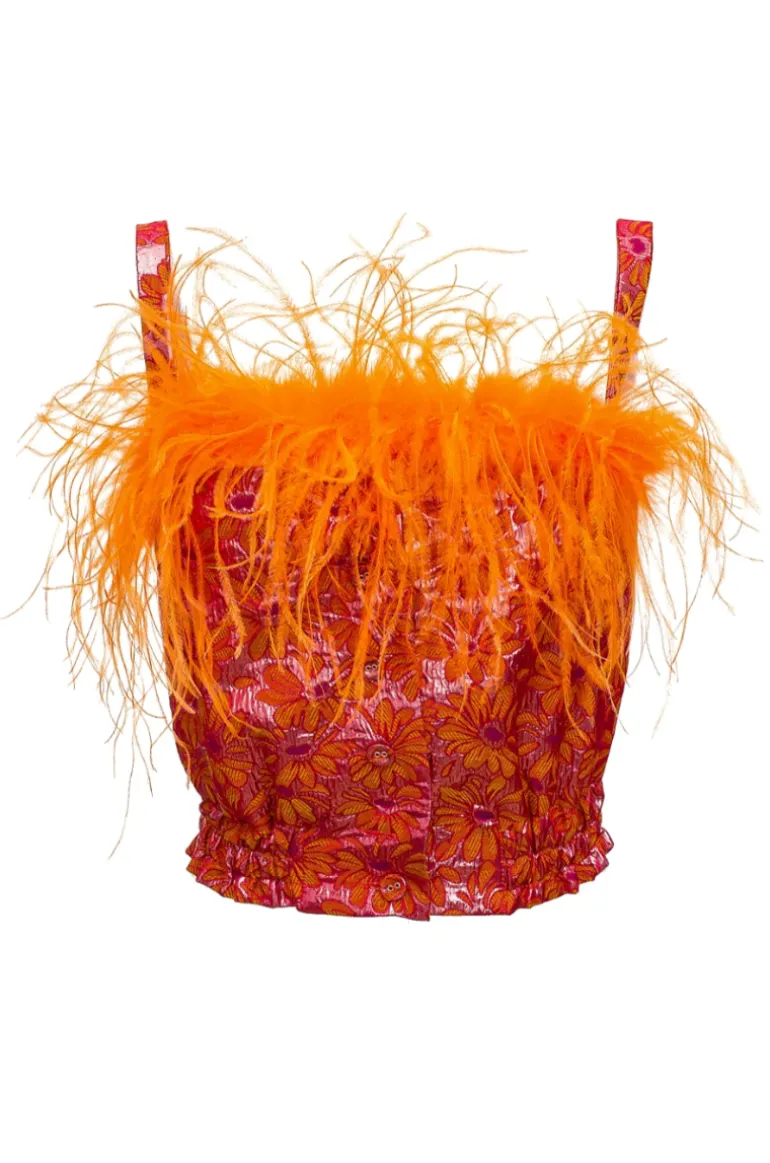 Tops<CULT MIA FEATHER-TRIMMED JACQUARD TOP Orange