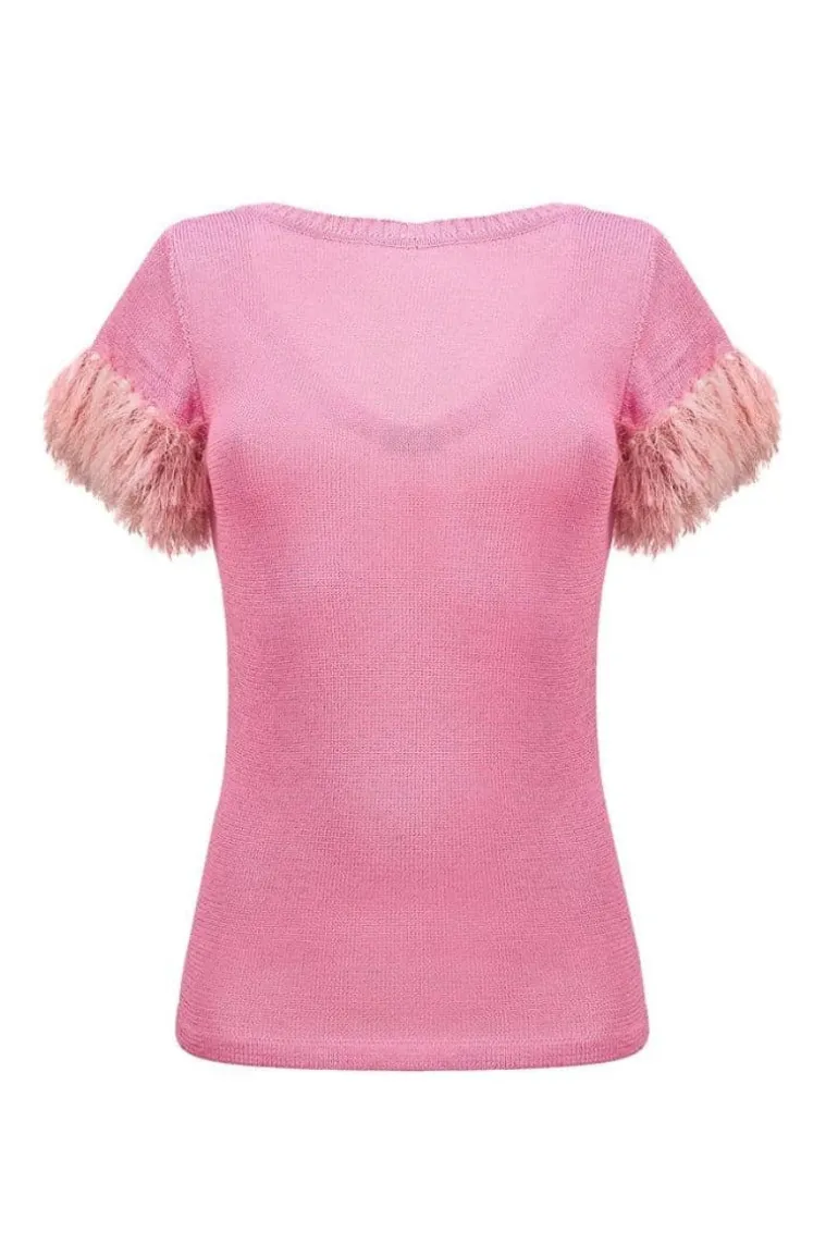 Tops<CULT MIA FEATHER-TRIMMED KNIT TOP Pink
