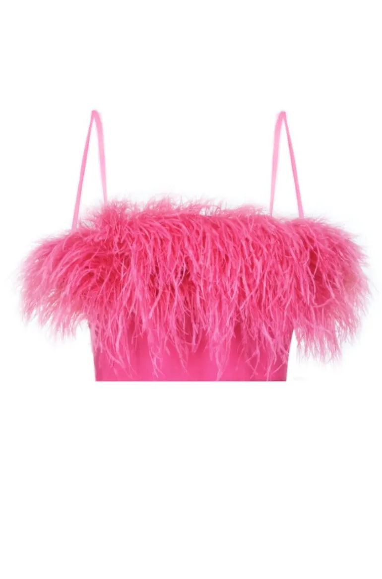Tops<CULT MIA FEATHER-TRIMMED PINK CROP TOP