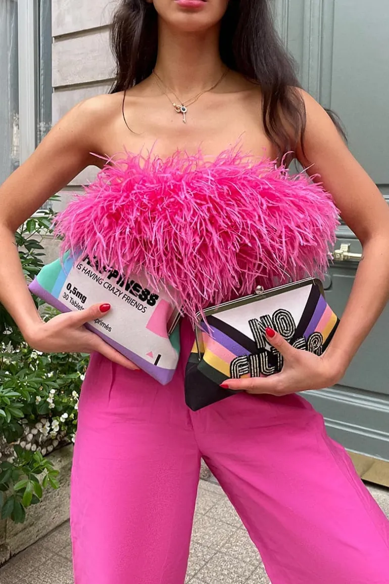 Tops<CULT MIA FEATHER-TRIMMED PINK CROP TOP