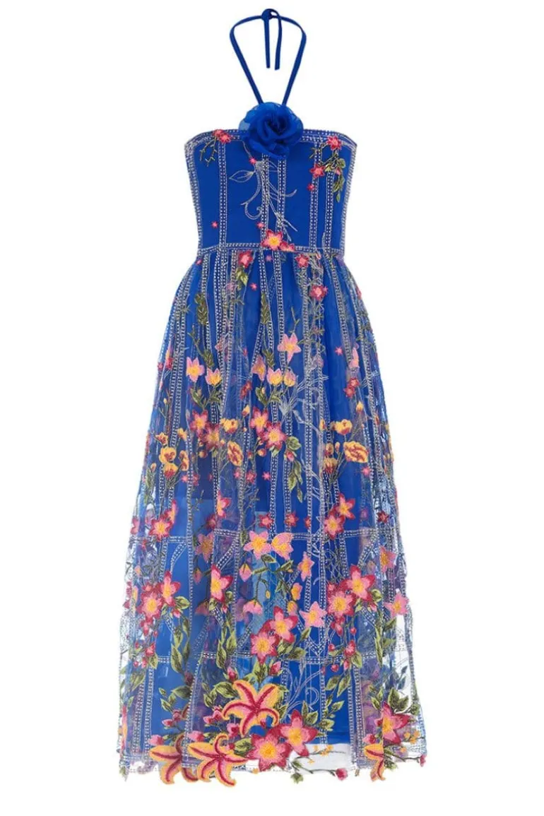 Dresses | Midi Dresses<CULT MIA FLORAL EMBROIDERED TULLE MIDI DRESS Navy Blue/Multicolour
